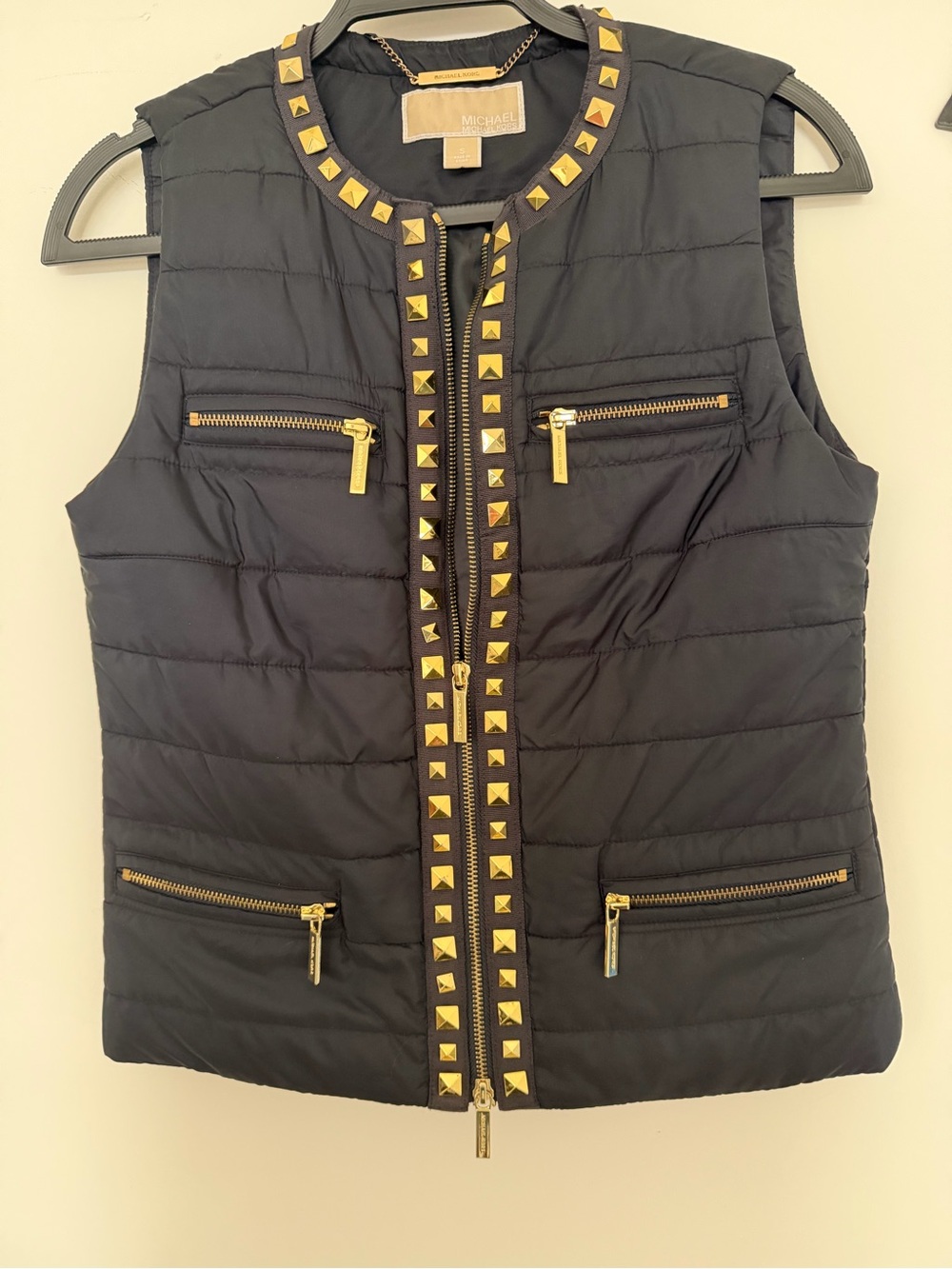 Michael Kors Black Quilted Vest with Gold Stud Trim